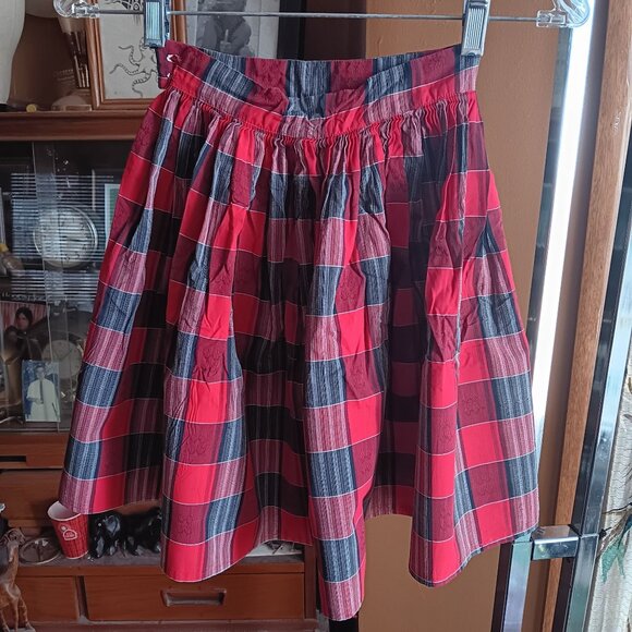 20" 20W Vtg 50s ROCKABILLY COUNTRY COTTON RED PLAID PRINT COTTON SIDE ZIP Skirt - Picture 5 of 6